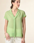 Blusa verde cravattino manica aletta tulle-Angelico