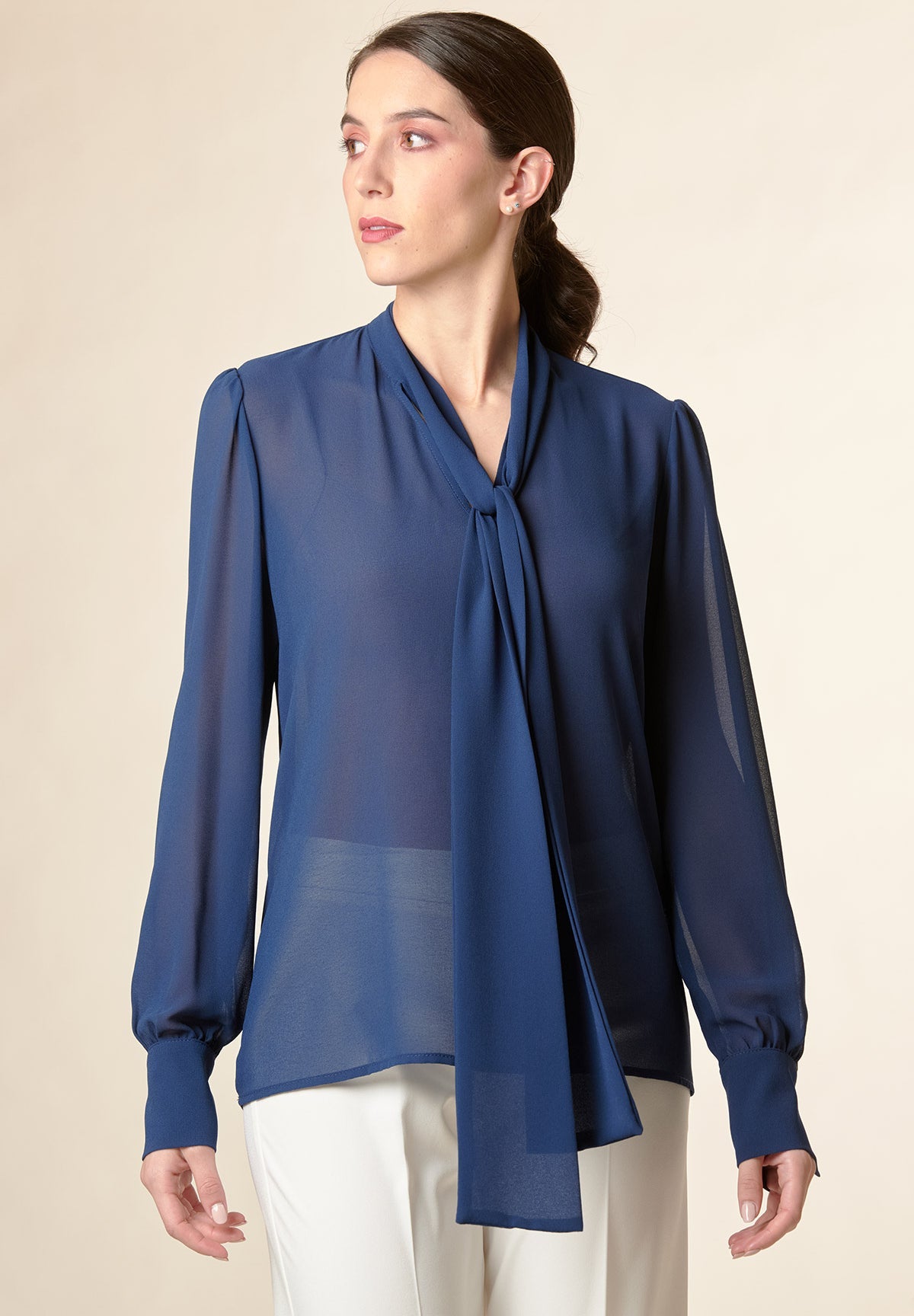 Camicia blu crepe fiocco polsi alti-Angelico