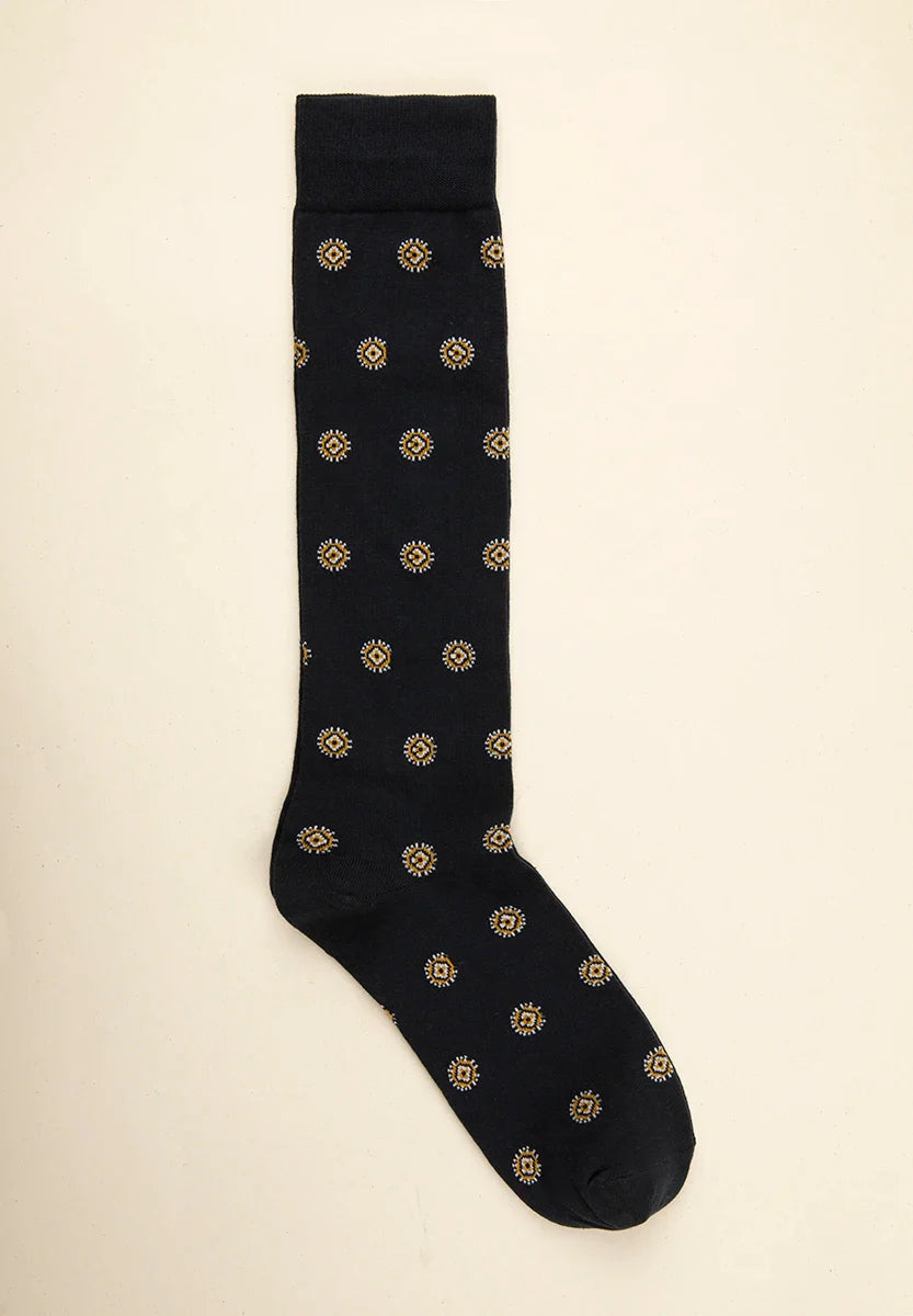 Dark blue sock with yellow medal design, stretch cotton