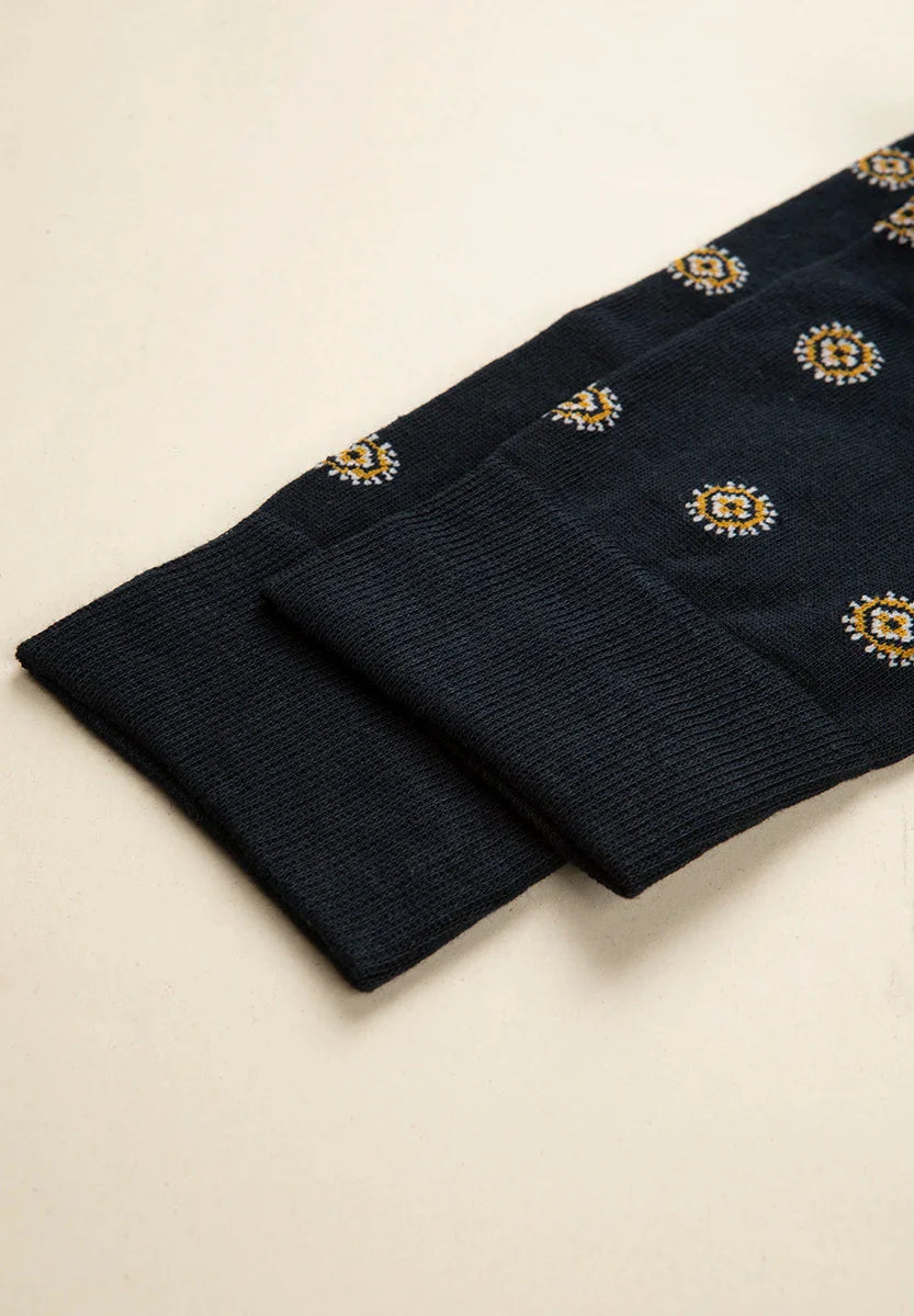 Dark blue sock with yellow medal design, stretch cotton