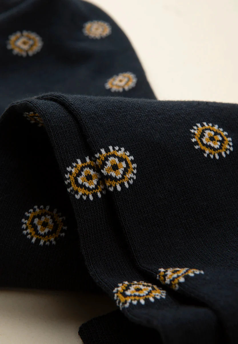 Dark blue sock with yellow medal design, stretch cotton