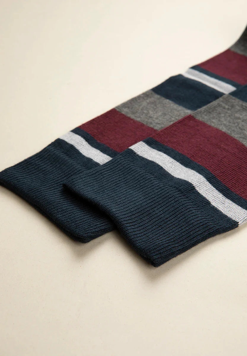 Burgundy blue striped stretch cotton sock