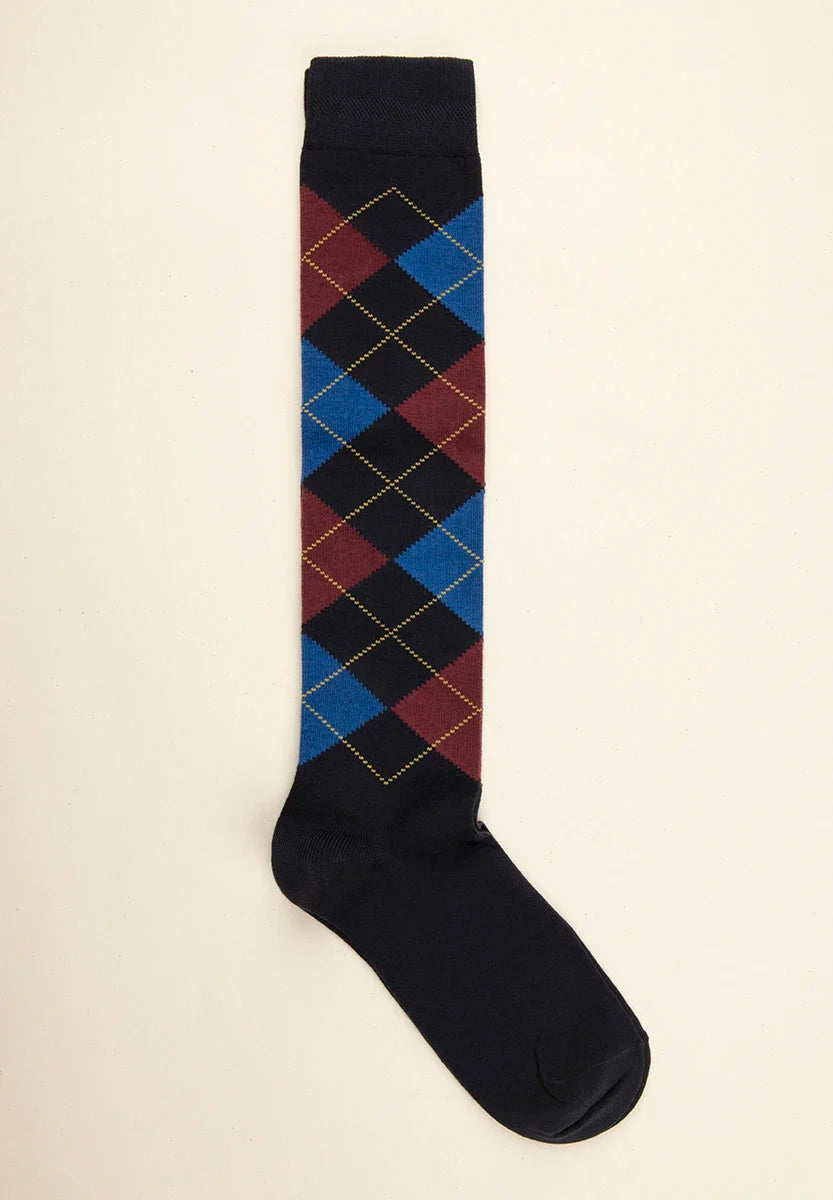 Blue sock with inlay pattern in stretch cotton