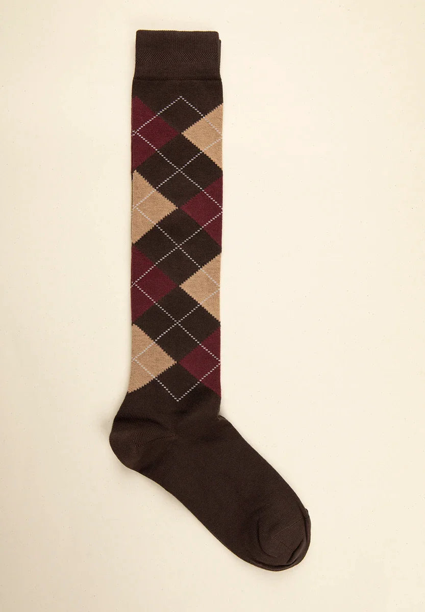 Dark brown sock with inlay pattern and stretch cotton