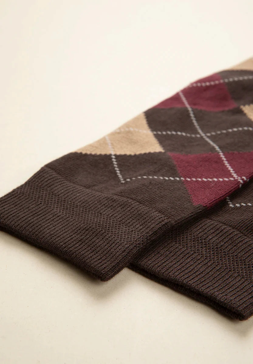 Dark brown sock with inlay pattern and stretch cotton