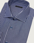 Dark blue and white striped comfort fit cotton shirt