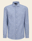 Custom Fit Blue And White Striped Linen Blend Shirt