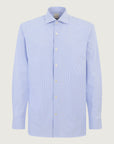 Light blue and white striped shirt in performance fabric, custom fit