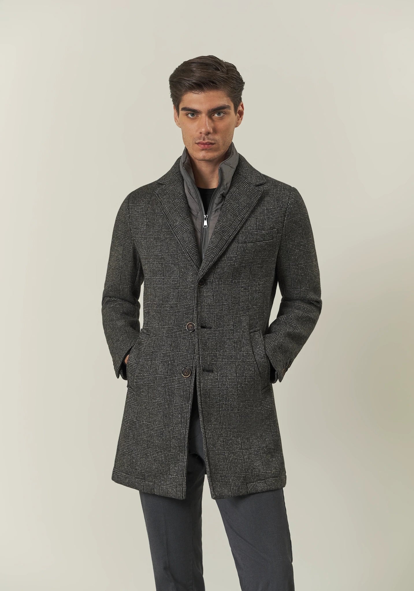 Unlined grey jersey coat with removable bib