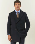 Blue double-breasted wool blend herringbone coat