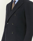 Blue double-breasted wool blend herringbone coat