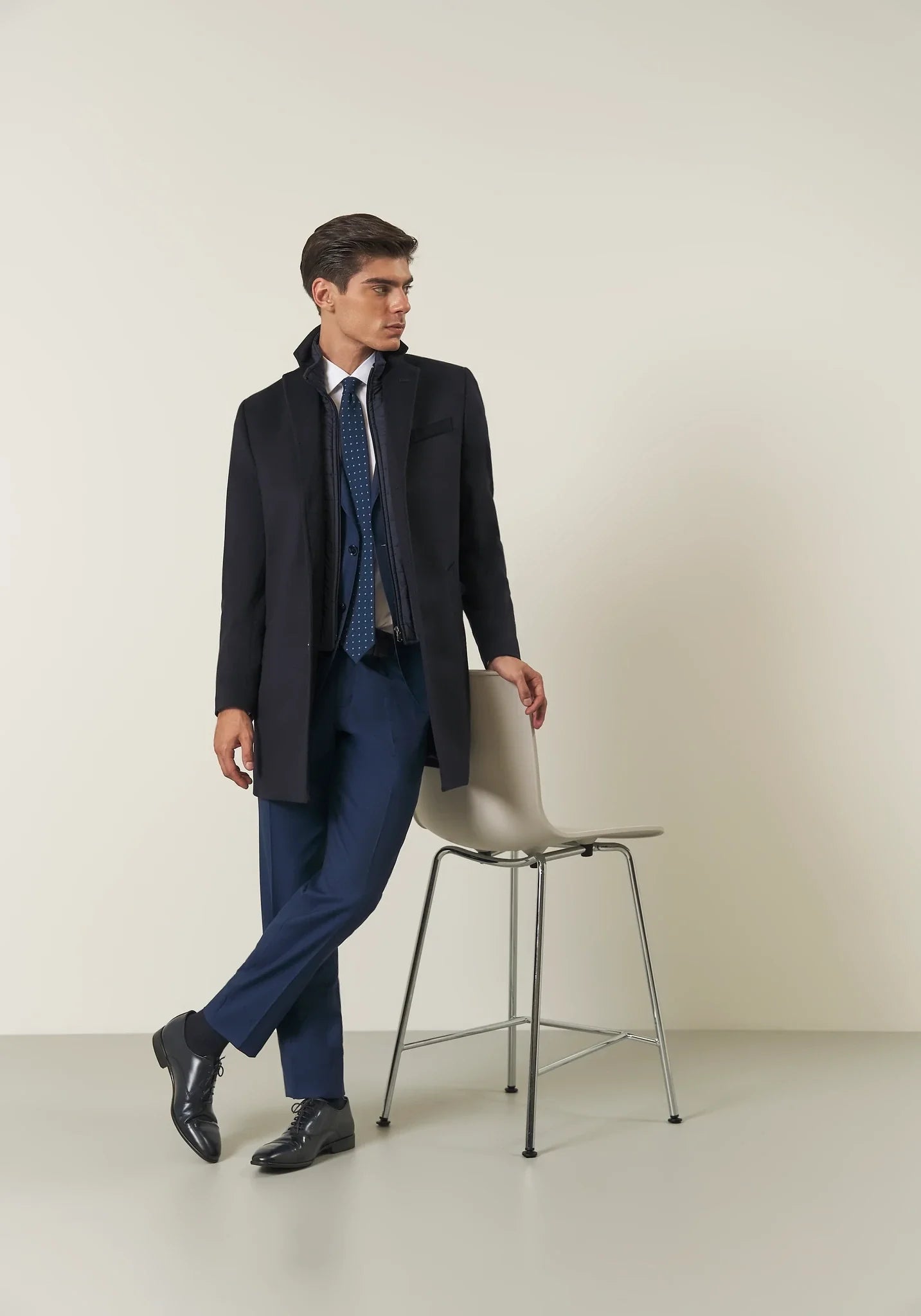 Blue cashmere blend coat with detachable bib