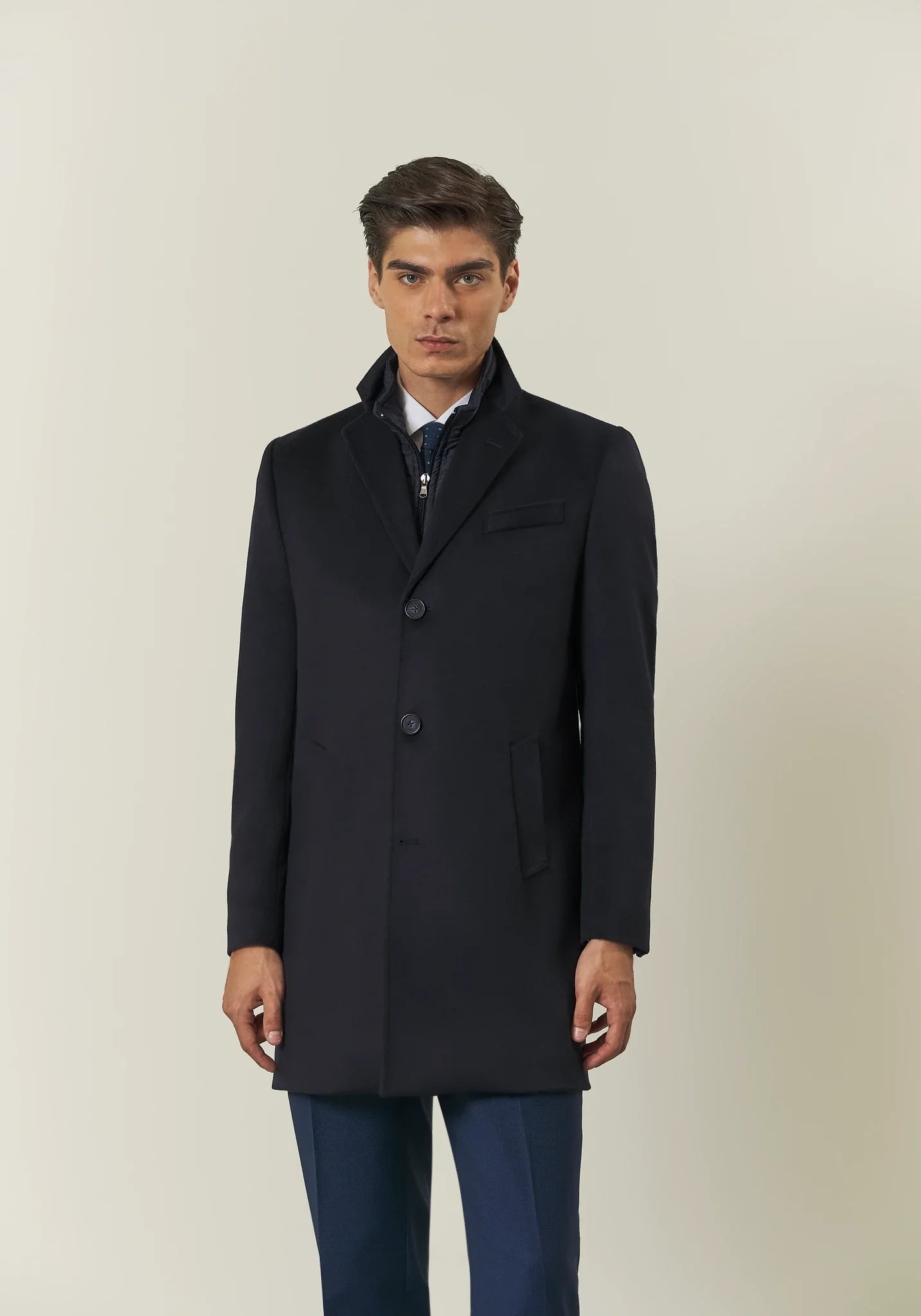 Blue cashmere blend coat with detachable bib