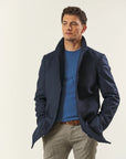 Blue coat with Korean collar and herringbone wool blend