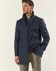 Blue coat with Korean collar and herringbone wool blend