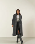 Charcoal cashmere blend coat with belt
