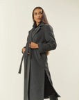 Charcoal cashmere blend coat with belt