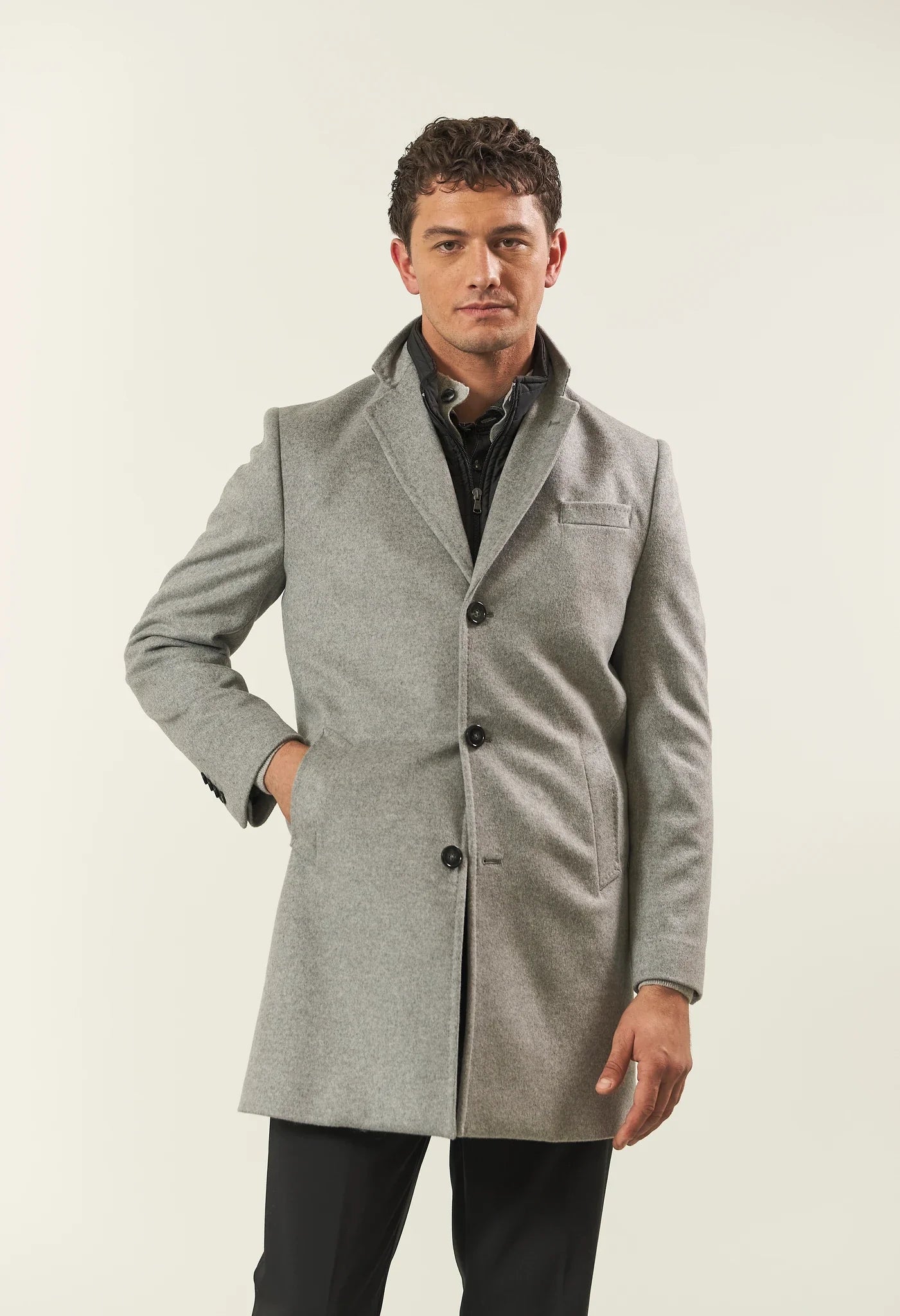 Light gray cashmere blend coat with detachable bib