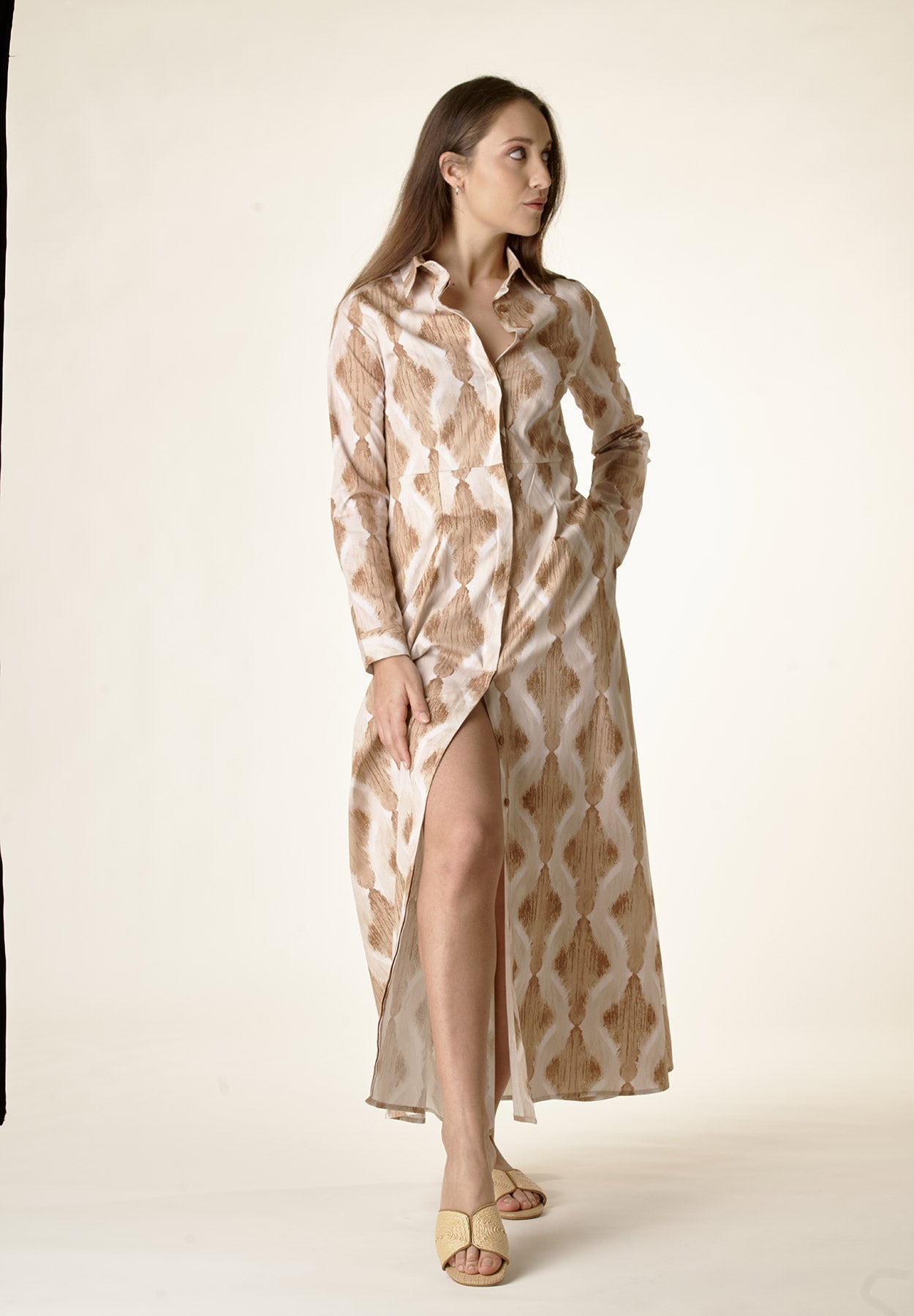 Chemisier cammello fantasia beige cotone stretch-Angelico