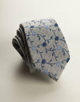 Beige Tie With Blue Flowers, Silk And Cotton, Textured