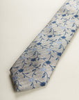 Beige Tie With Blue Flowers, Silk And Cotton, Textured