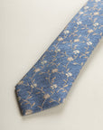 Blue Tie With Beige Flowers, Silk And Cotton, Textured