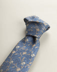 Blue Tie With Beige Flowers, Silk And Cotton, Textured