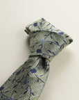 Green Tie With Blue Flowers And Silk And Cotton Texture