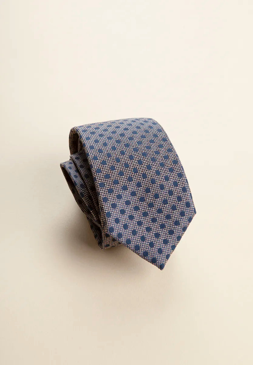Dark brown tie with blue polka dots, cotton and silk