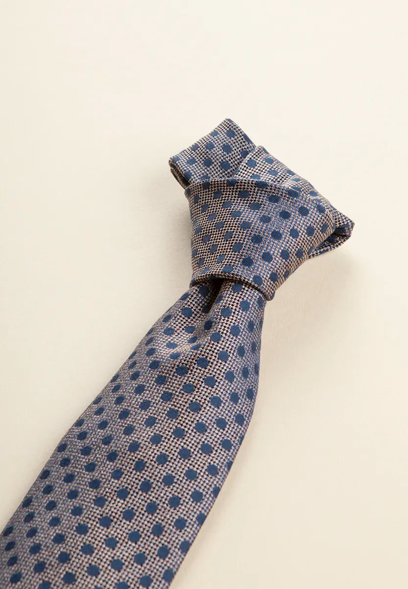Dark brown tie with blue polka dots, cotton and silk
