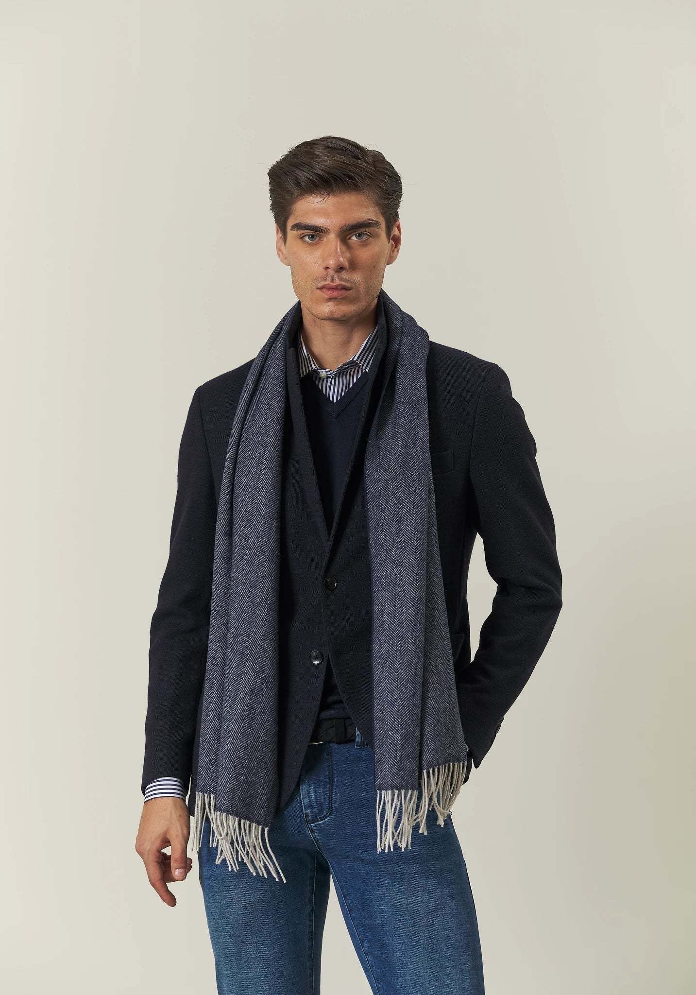 Giacca blu decostruita jersey misto lana custom fit-Angelico