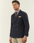 Custom fit microstructure double-breasted blue jacket
