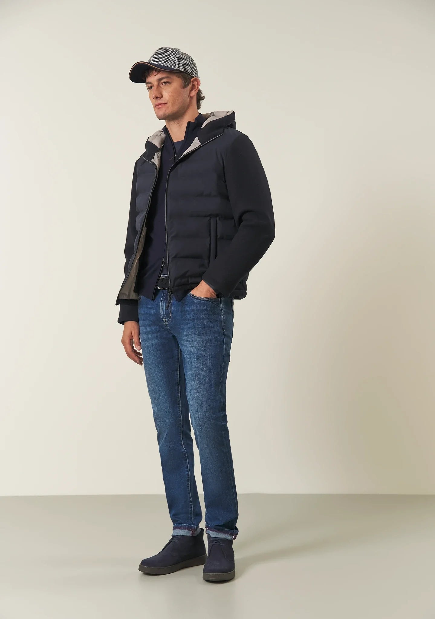 Blue quilted jacket with fabric sleeves