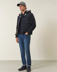 Blue quilted jacket with fabric sleeves