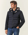 Blue quilted jacket with fabric sleeves
