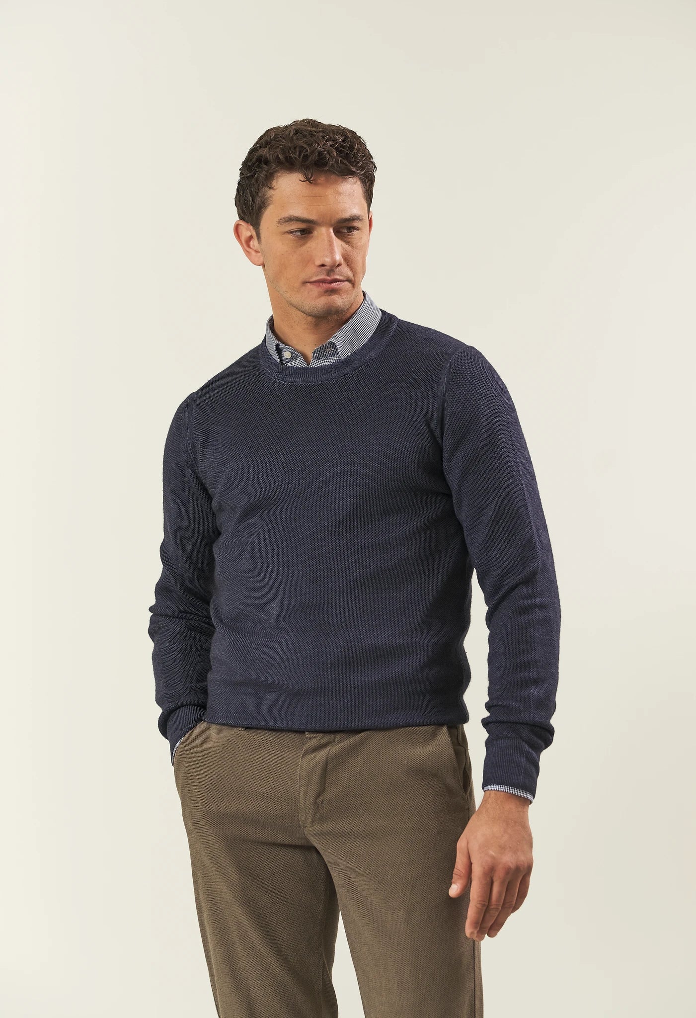 Blue wool crewneck with honeycomb effect