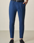 Custom Fit Blue Gabardine Trousers With Pleats