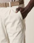 Cream Pleated Trousers In Tencel Cotton, Slim Fit