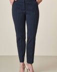 Blue Pinstriped Trousers With Milanese Stitch And Cotton Blend
