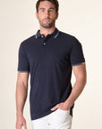 Polo blu cotone colletto jacquard-Angelico