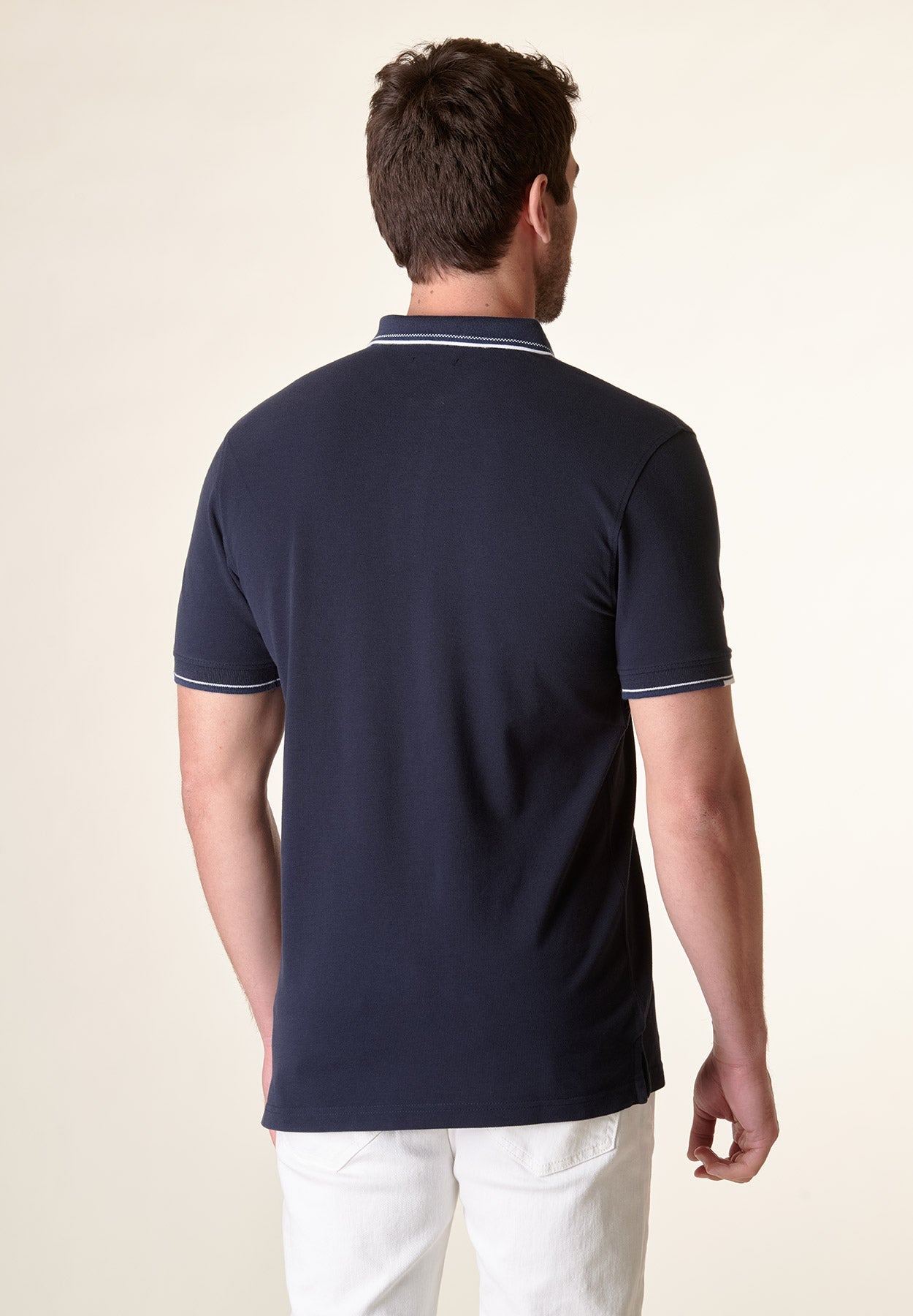 Polo blu cotone colletto jacquard-Angelico