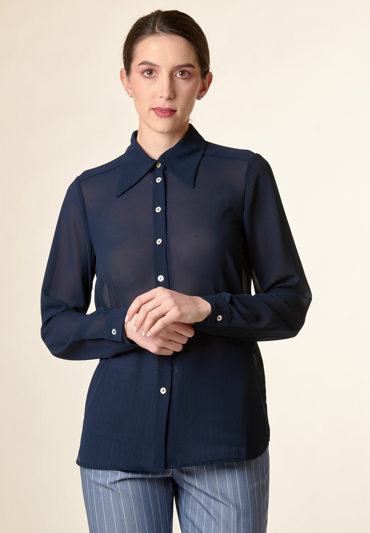 Camicia blu crepe colletto punta-Angelico