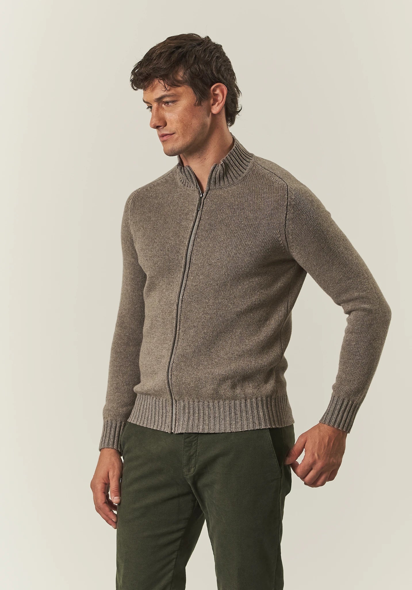 Maglia full zip beige misto lana vanis������-Angelico