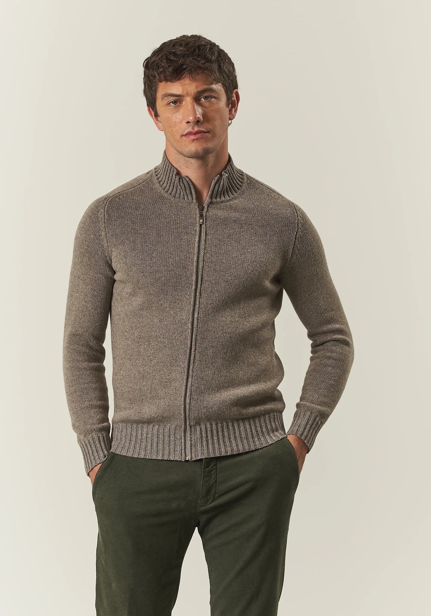 Maglia full zip beige misto lana vanis������-Angelico