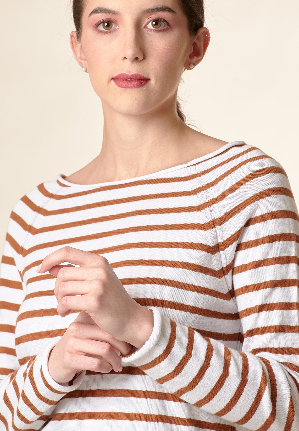 Maglia bianco-tabacco righe taglio vivo cotone-Angelico